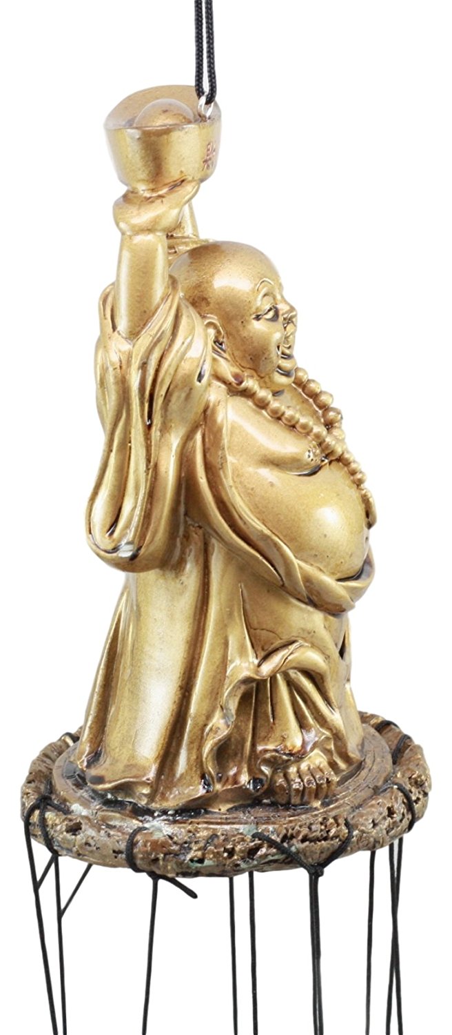 Ebros Feng Shui Lucky Buddha With Golden Nugget Wind Chime 23" Long Resin Crown With Aluminum Rods Fortune Buddha Hotei Wind Chime Home Patio Garden Decor