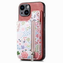 ELEHOLD Back Wallet Case for iPhone 13 Pro Case with Flower Floral Pattern RFID Blocking Card Holders Zipper Storage Stand Function Magnetic Shockproof Purse Cover,pink