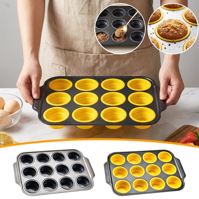 Bandeja Para Hornear Molde de silicona de 12 cavidades para pasteles,bandeja para hornear de 12 agujeros para muffins y cupcakes,antiadherente y fácil de limpiar (gris,1 pieza). Rkxzt