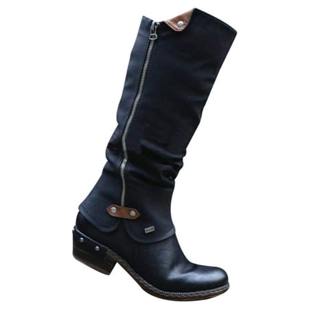 

Women Western Cowboy Knee Boots Punk Boots Low Thick Heel Vintage Side Zipper Women Vintage Cowboy Knee Boots Western Punk Boots Low Thick Heel Side Zipper Booties Black 39