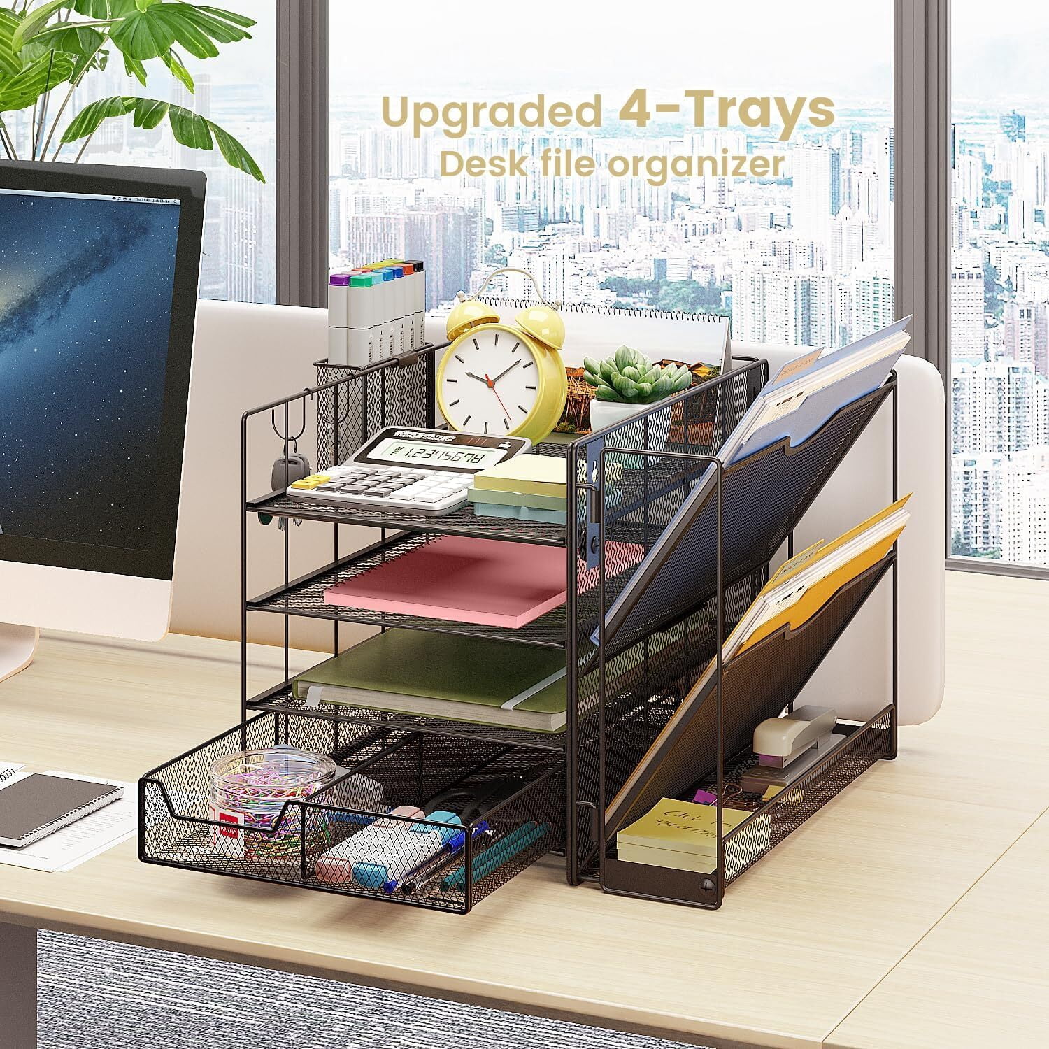 GoXteam Desk Organizer with File Holder, 4 Tier Paper Tray Organizer Desk Accessories & Workspace Desk Organizersr, Office Desk Accessories Desktop Organization for Office Supplies (Black)