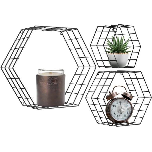 Metal Wire Hexagon Design Wall Mounted Floating Shelves, Set of 3