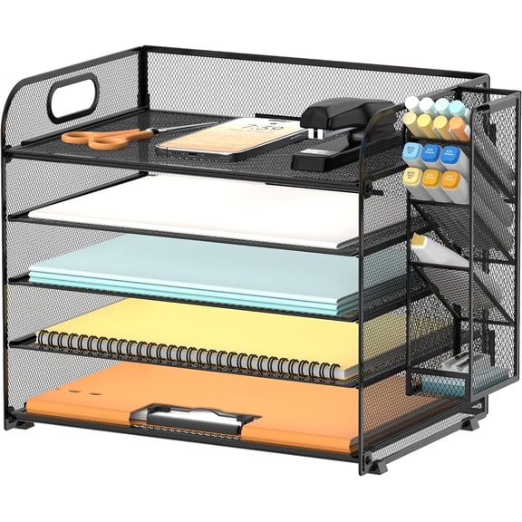 INTIGE 5 Tier Desk File Organizer with Handle and Pen Holders, Metal Paper Organizer for Office Supplies, Black, 1 Piece