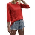 thumbnail image 3 of Langwyqu Solid Color Women 3/4 Sleeve Slim Fit Casual Shirt Tops, 3 of 5