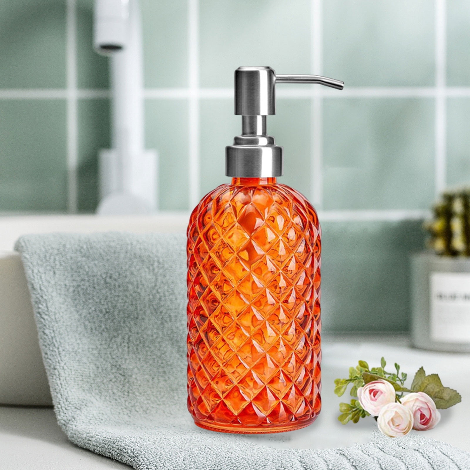 Foaming Soap Dispenser Glass Bottle with Foam Pump, Orange Pineapple Design for Hand Soap and Body Wash, Refillable Dispenser for Bathroom, Kitchen, and Countertop Decor (2 Pcs)