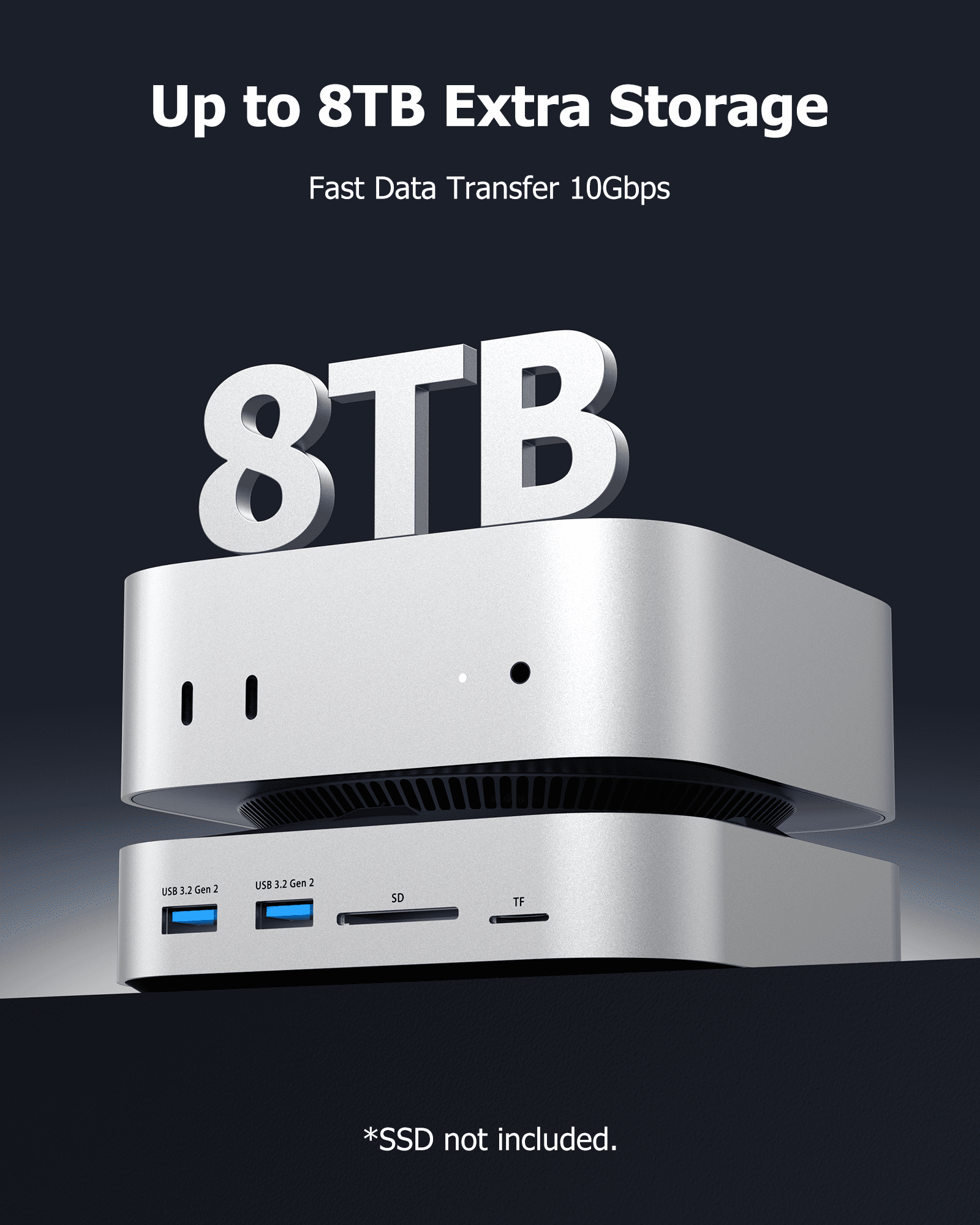 Mac mini M4 Dock, Docking Station Dual Monitor Mac mini Accessories USB C Hub with NVMe SSD Enclosure, 2× USB-A 10Gbps, 3× USB-A 5Gbps, 4K60 HDMI, DisplayPort, SD/TF Card Reader