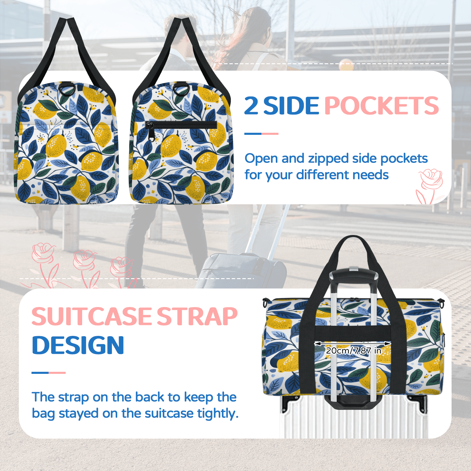 Herdesigns Lemon Gym Bag for Women, Duffle Bag for Travel Sport, Lemon Lightweight Waterproof Carry on Weekender Dance Yoga Workout Bags