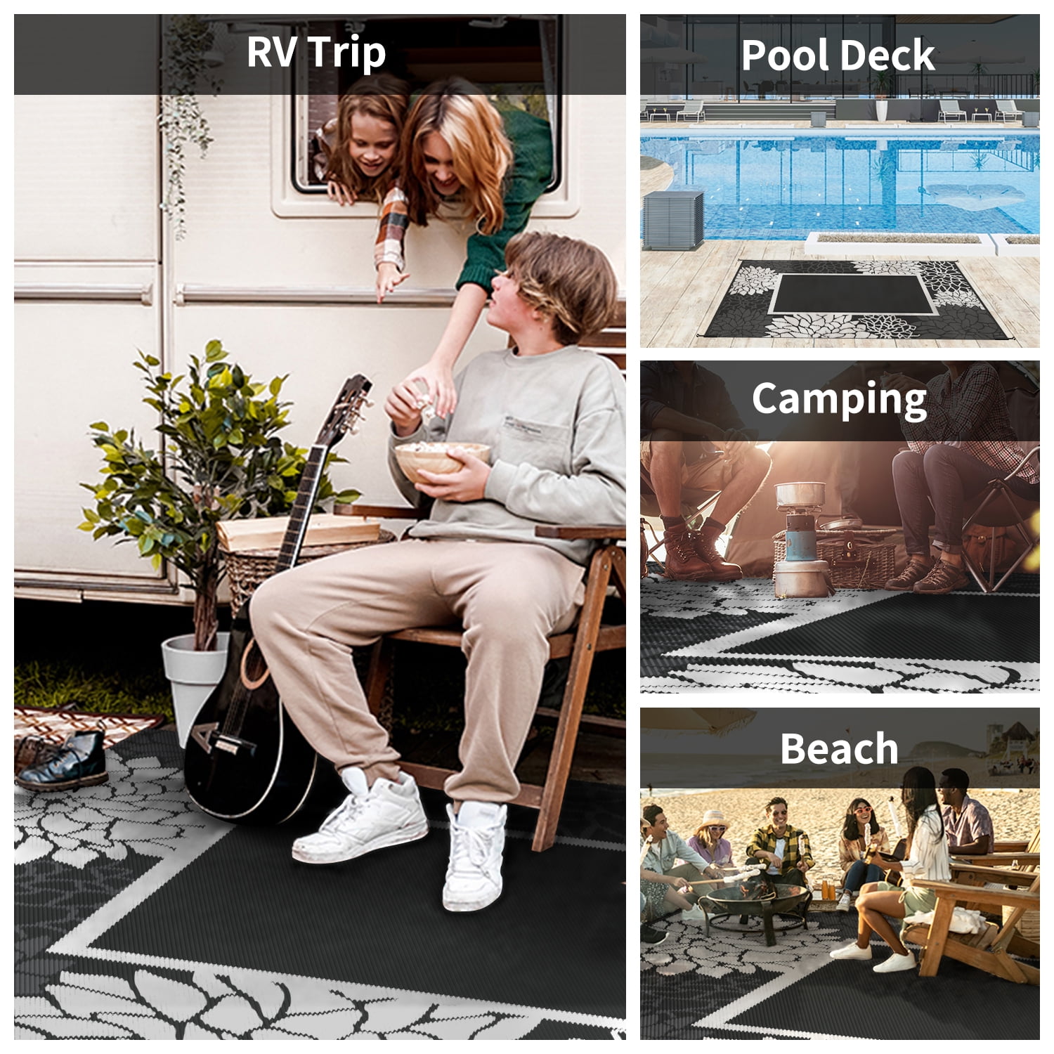 SIXHOME Outdoor Rug 6'x9' Waterproof Reversible Patio Rug Floral Border Plastic Straw Indoor Outdoor Rug for RV Camping Garden Picnic Beach Deck Backyard Porch Decor Dark Grey and White