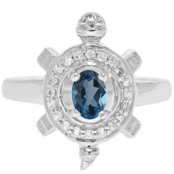 Sterling Silver with Natural London Blue Topaz and White Topaz Turtle Ring