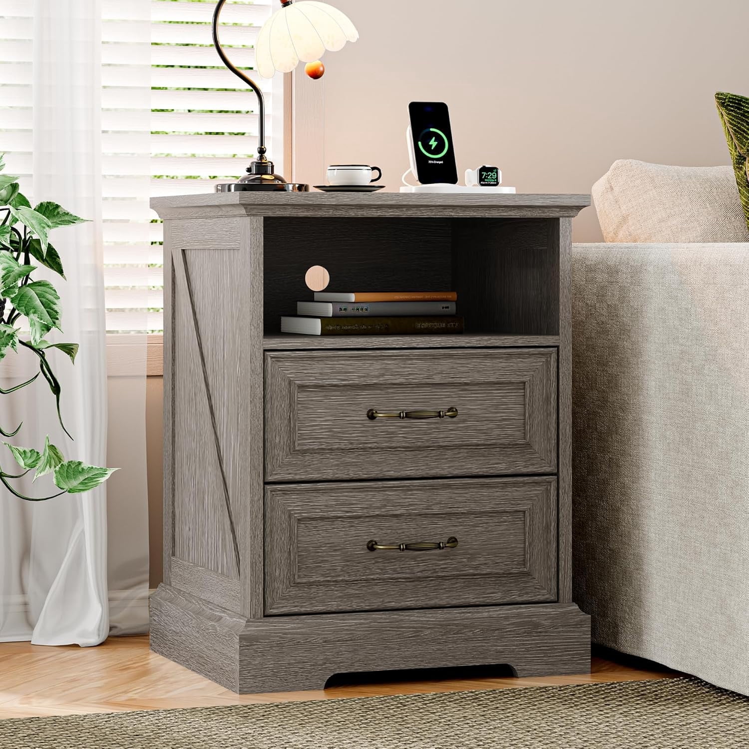 FANRAL 2 Drawers Dresser for Bedroom,Farmhouse Nightstand with Charging Station & Open Shelf,24" Wide Wooden Chest of Drawers,Rustic Storage Cabinet,Dark Gray Dresser