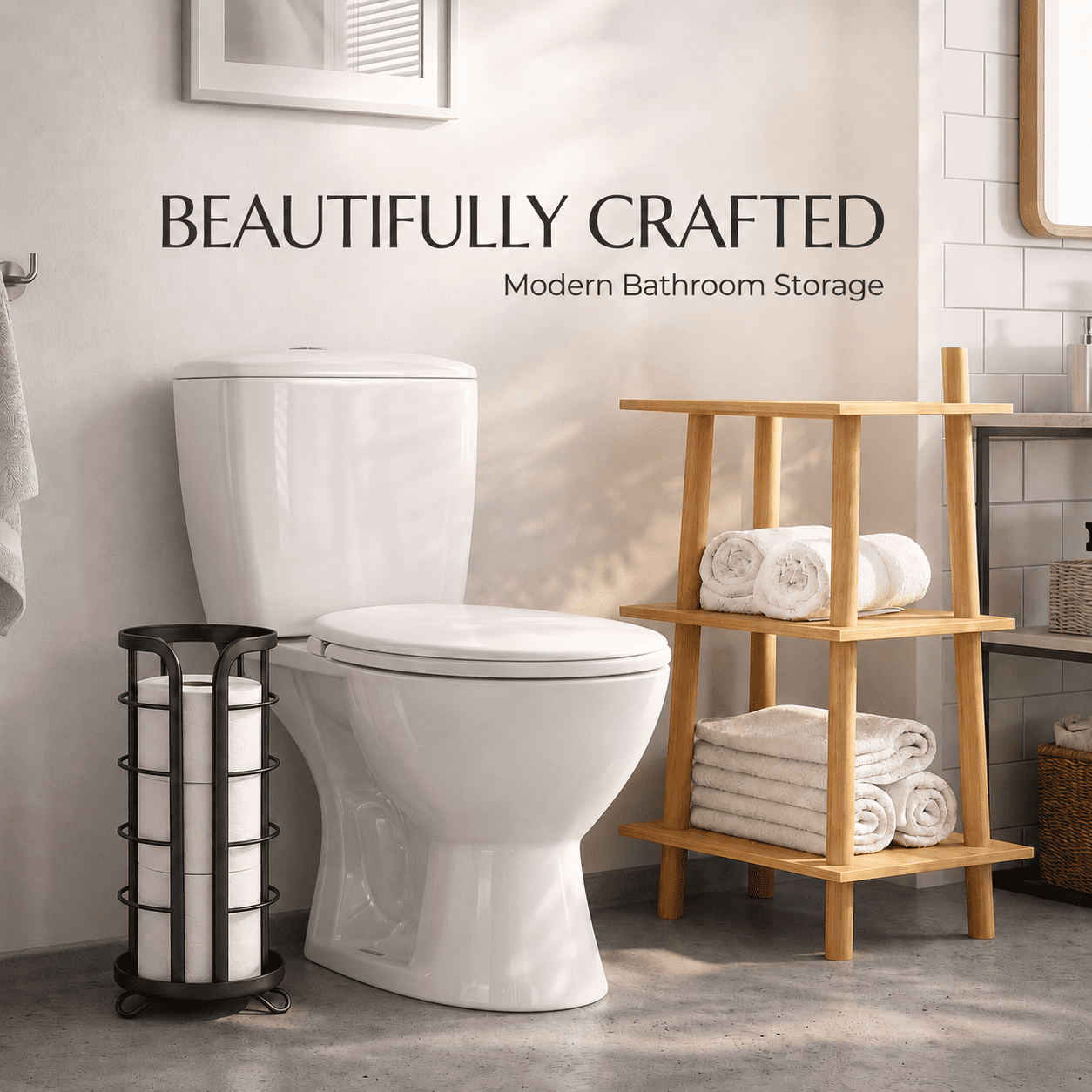 Brookstone Freestanding Toilet Paper Holder Stand, Raised Base, Matte Black