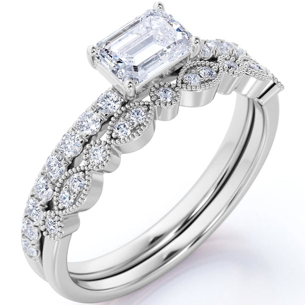 JeenMata Conjunto Nupcial de Moissanita de Corte Esmeralda de 1,75 Quilates - Conjunto Nupcial - Anillo de Tres Piedras - Anillo de Diseñador - Oro Blanco de 18 K sobre Plata