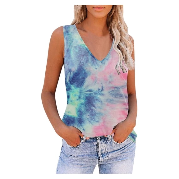 Honeeladyy Clearance under 10$ Tie-dye Printed Tank Top for Women V Neck Tank Tops Sleeveless Basic T-Shirt Cute Printed Workout Athletic Yoga Vest Blue