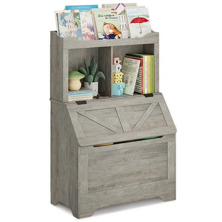 Kids Bookshelf Toy Storage Organizer Gray Flip-Top Chest 3 Open Shelves 2 Cubbies Wooden Bookcase