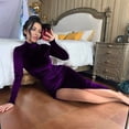 thumbnail image 5 of Women'S Long Sleeve Side Ruched High Slit Maxi Dress Mock Neck Velvet Bodycon Party Club Thigh Split Long Dress M, 5 of 7