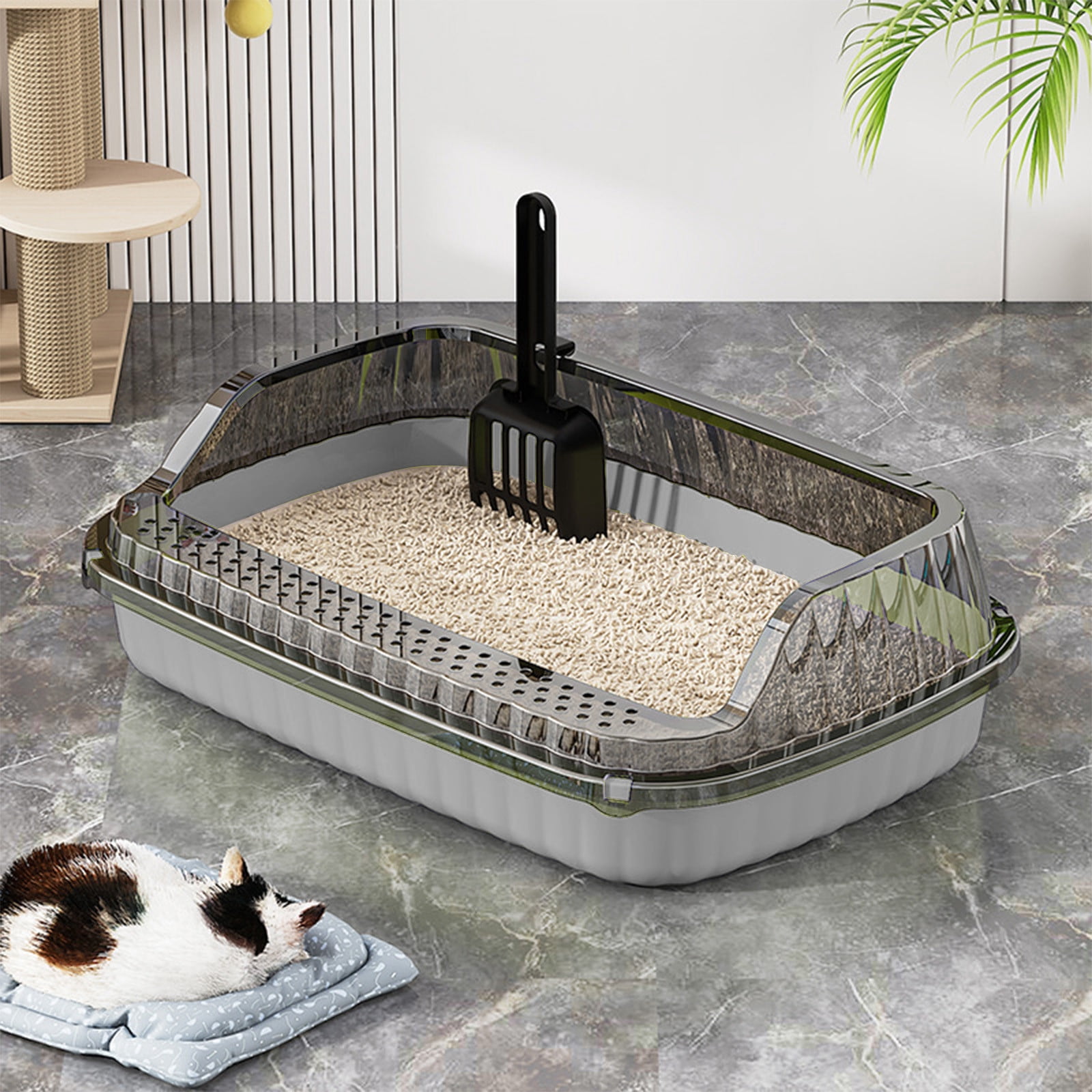 LEFTHIGH Home Semi Enclosed High Side Cat Litter Box 18.9x12.6x4.7 Inch with Splash Proof Design for Large Cats Includes Shovel Yellow Green Light Yellow Gray Room Decor