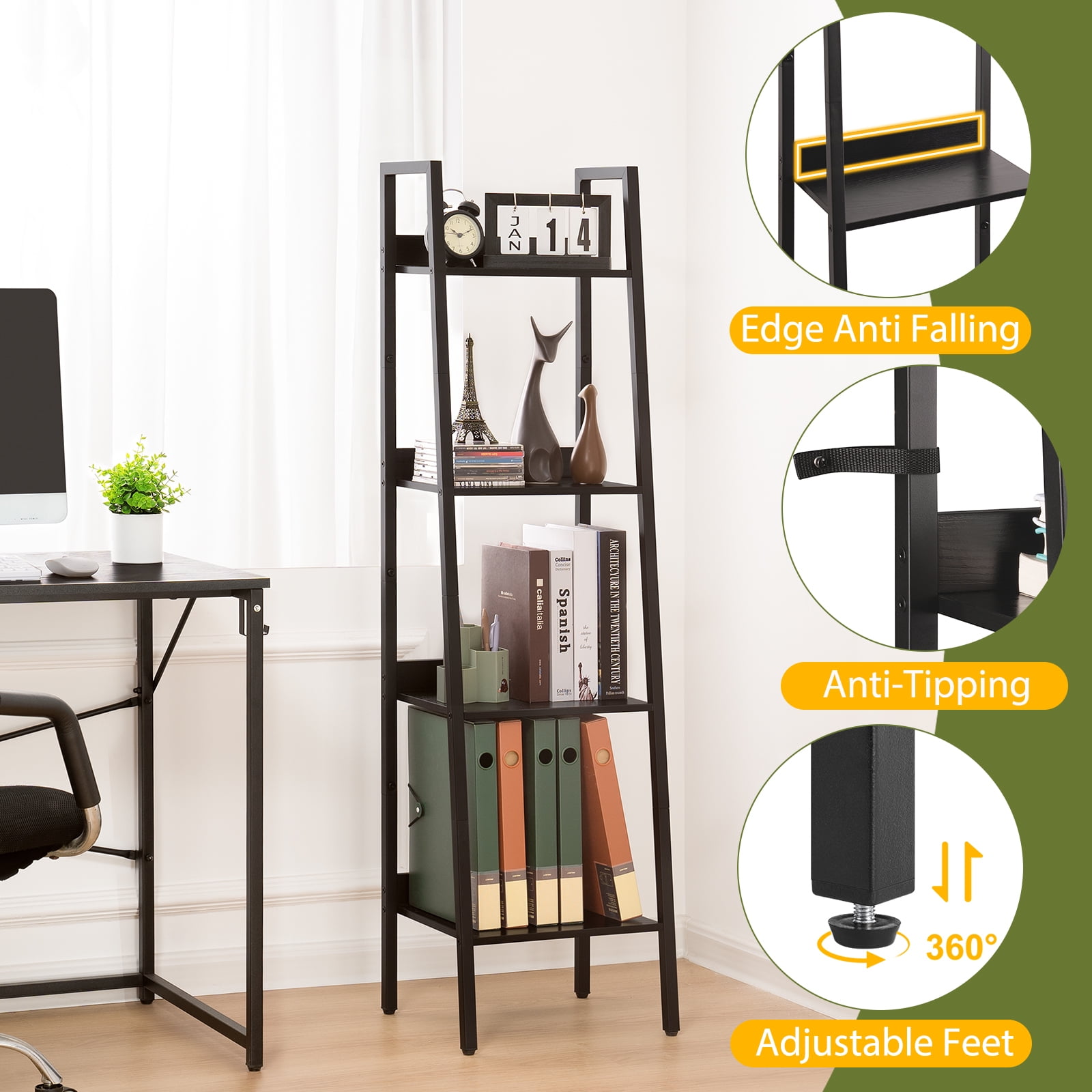 4-Tier Ladder Shelf,  Corner Bookshelf for Living Room, Balcony, Home Office, Bookcase Storage & Display Shelf, Black