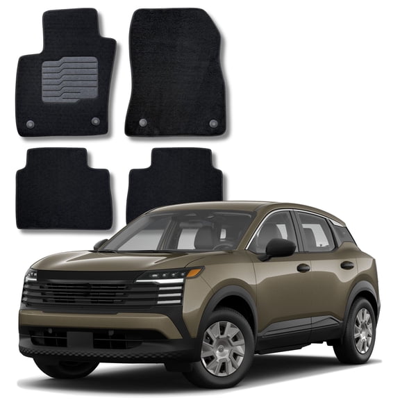 Carpet Floor Mats for 2025 to 2026 Nissan Kicks, Safety Locks and Heel Pad, Front and Rear, Black