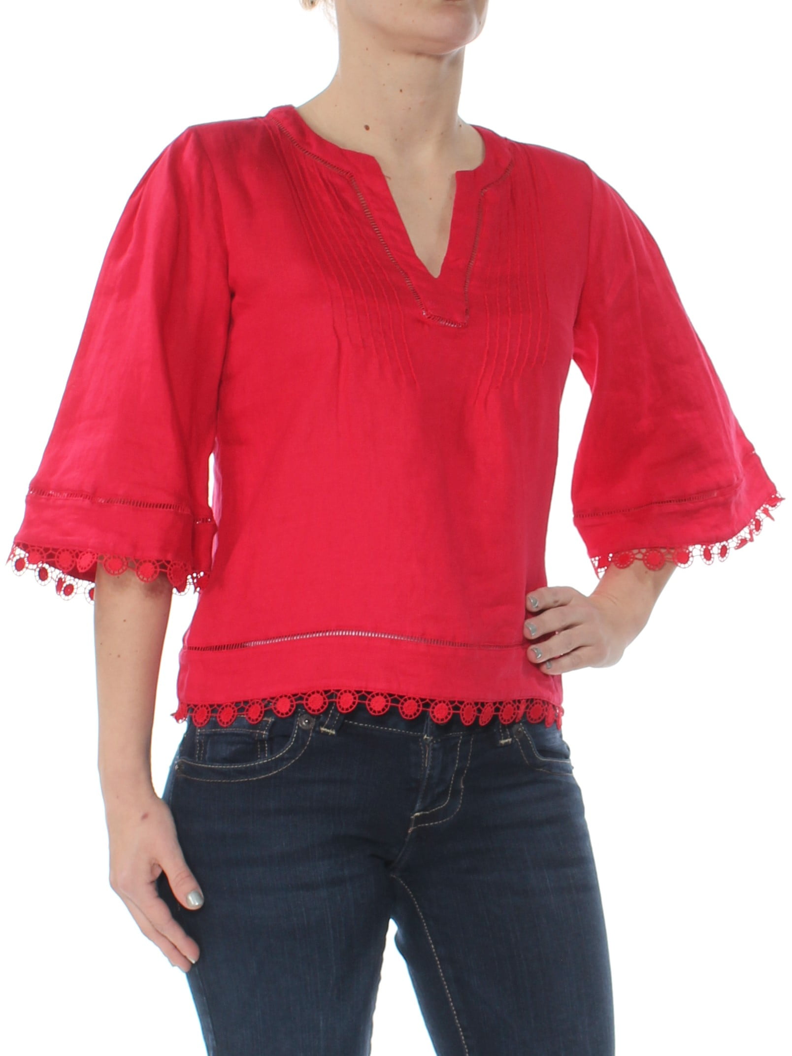 Ralph Lauren RALPH LAUREN Womens Red Lace Bell Sleeve V Neck Tunic