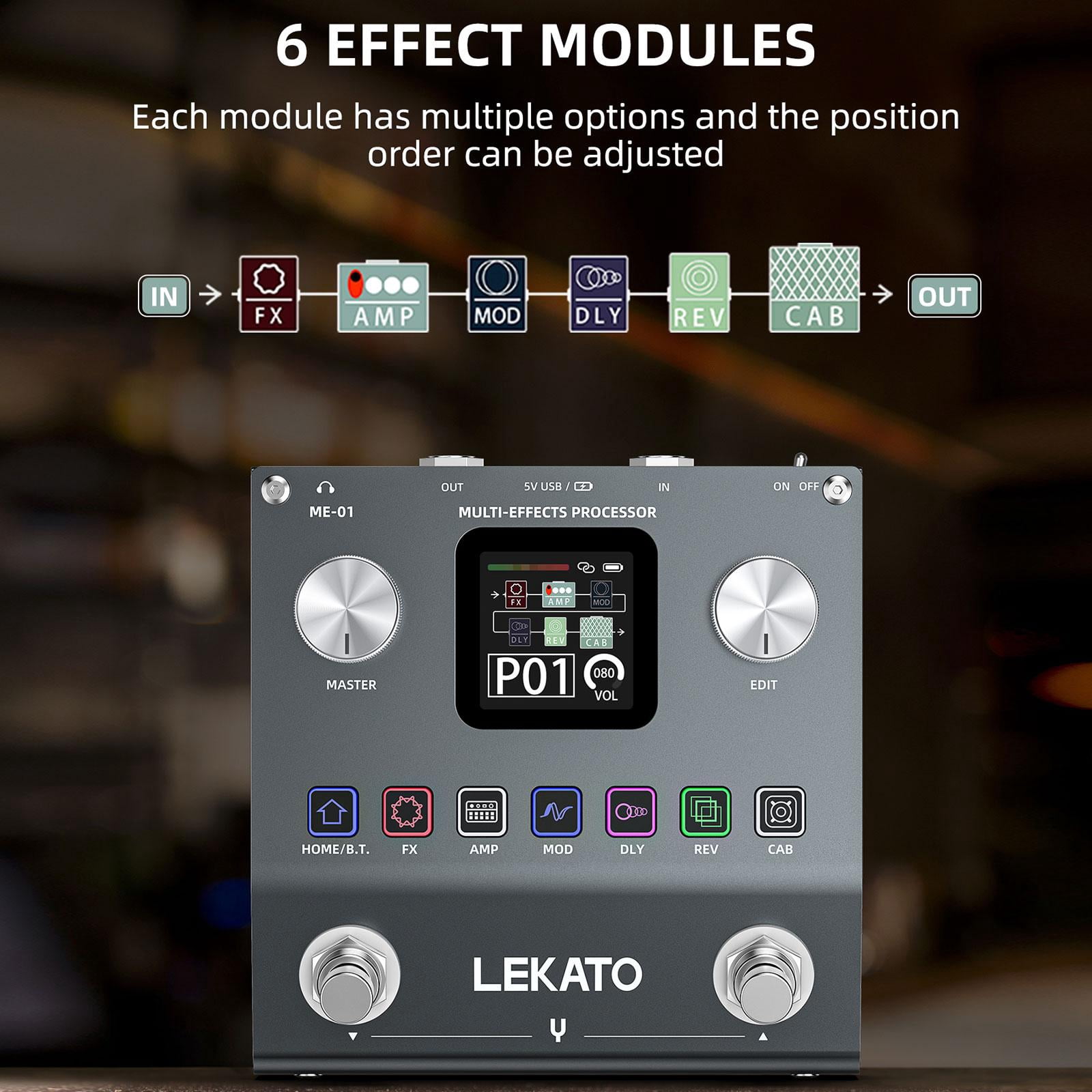 LEKATO Multi Effects Guitar Pedal, Electric Guitar Effects Pedal, Pocket Rechargeable Effects Processor with 6 Effects Modules, 80 Presets, 20 IRs, BT Audio, Headphone Output