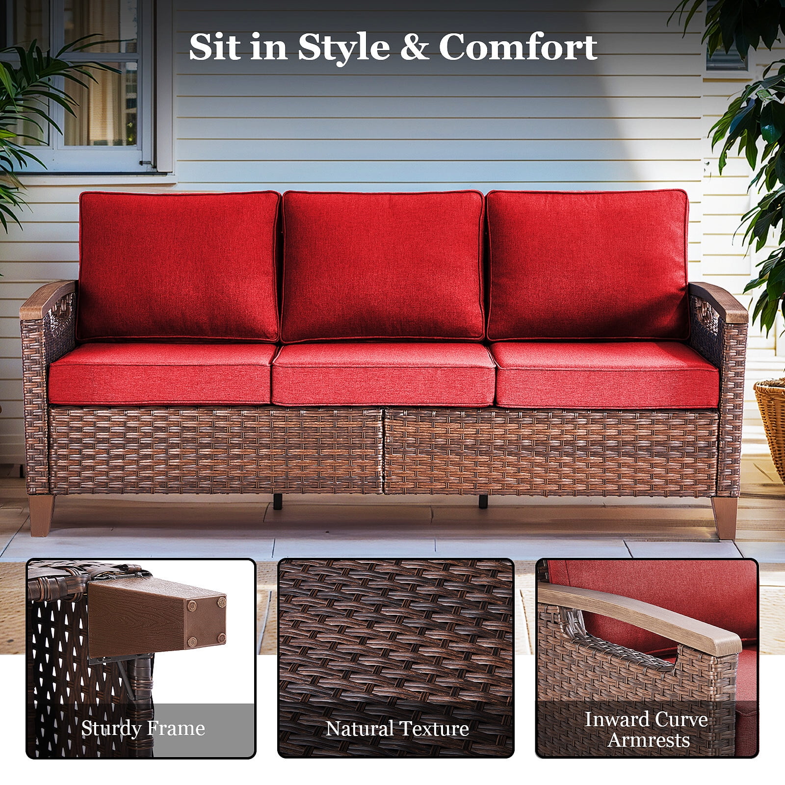 Bellefurn Wicker Patio Sofa Outdoor Couch,Patio 3 Seater Sofa Outdoor Rattan Furniture Sofa with Non-Slip Thick Cushions for Outdoor,Garden,Lawn,Backyard
