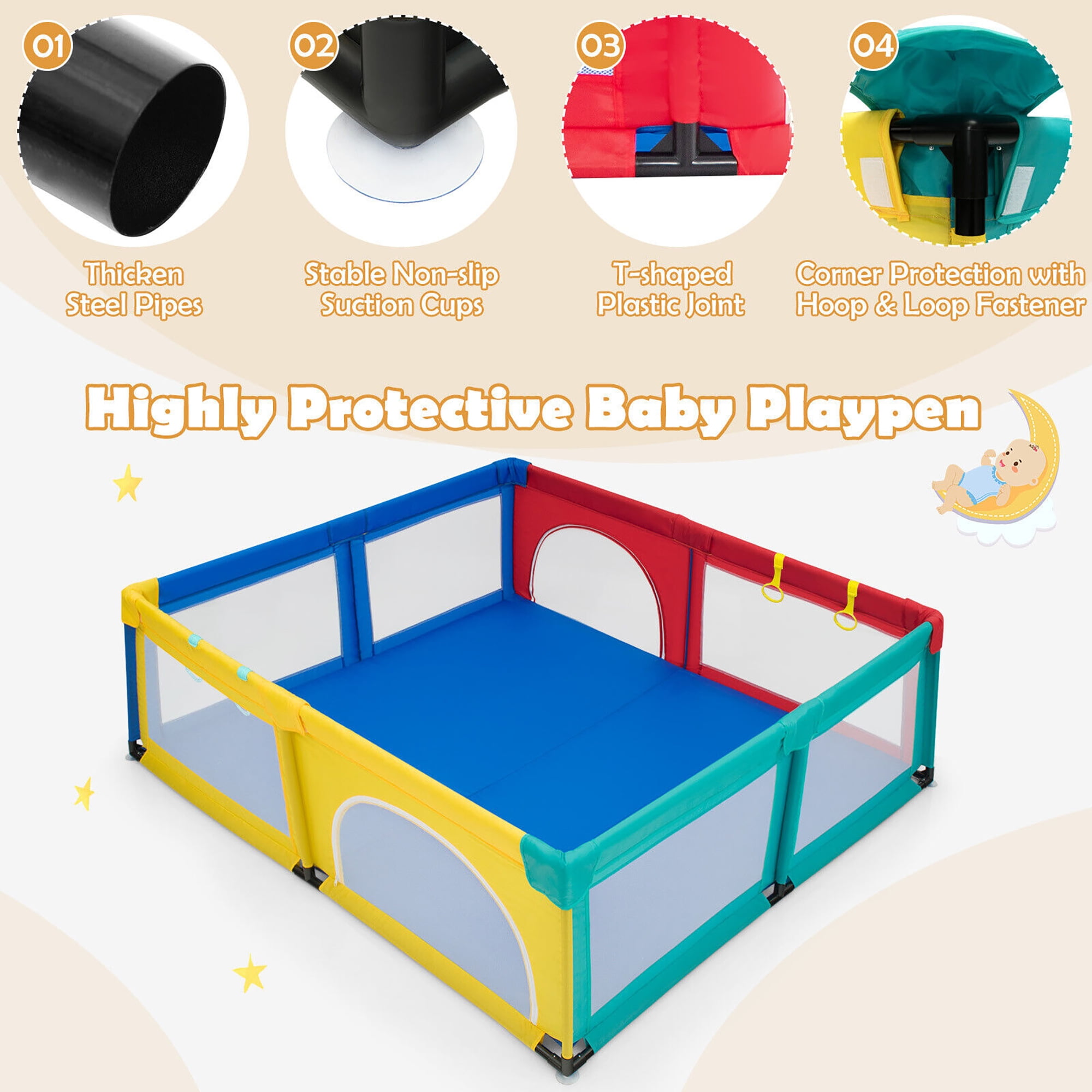 Gymax Extra Large Baby Playpen Safety Baby Play Yard w/ 50 Ocean Balls & 4 Handles Colorful