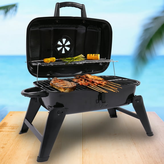 Portable Charcoal Grill Tabletop Outdoor Barbecue Smoker Small BBQ Grill for Outdoor Cooking Backyard Camping Picnics Black