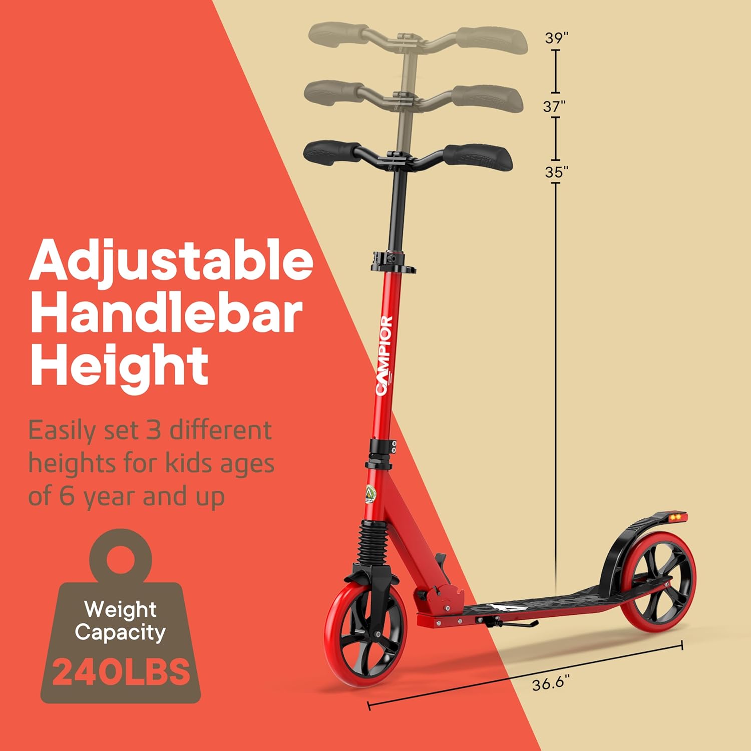 Campior Foldable Kick Scooter for Ages 6+, Kids/Teens/Adults, 240 lb Max Load, 8-inch Wheels, 3 Height Levels, Kickstand, Safety Approved, Red