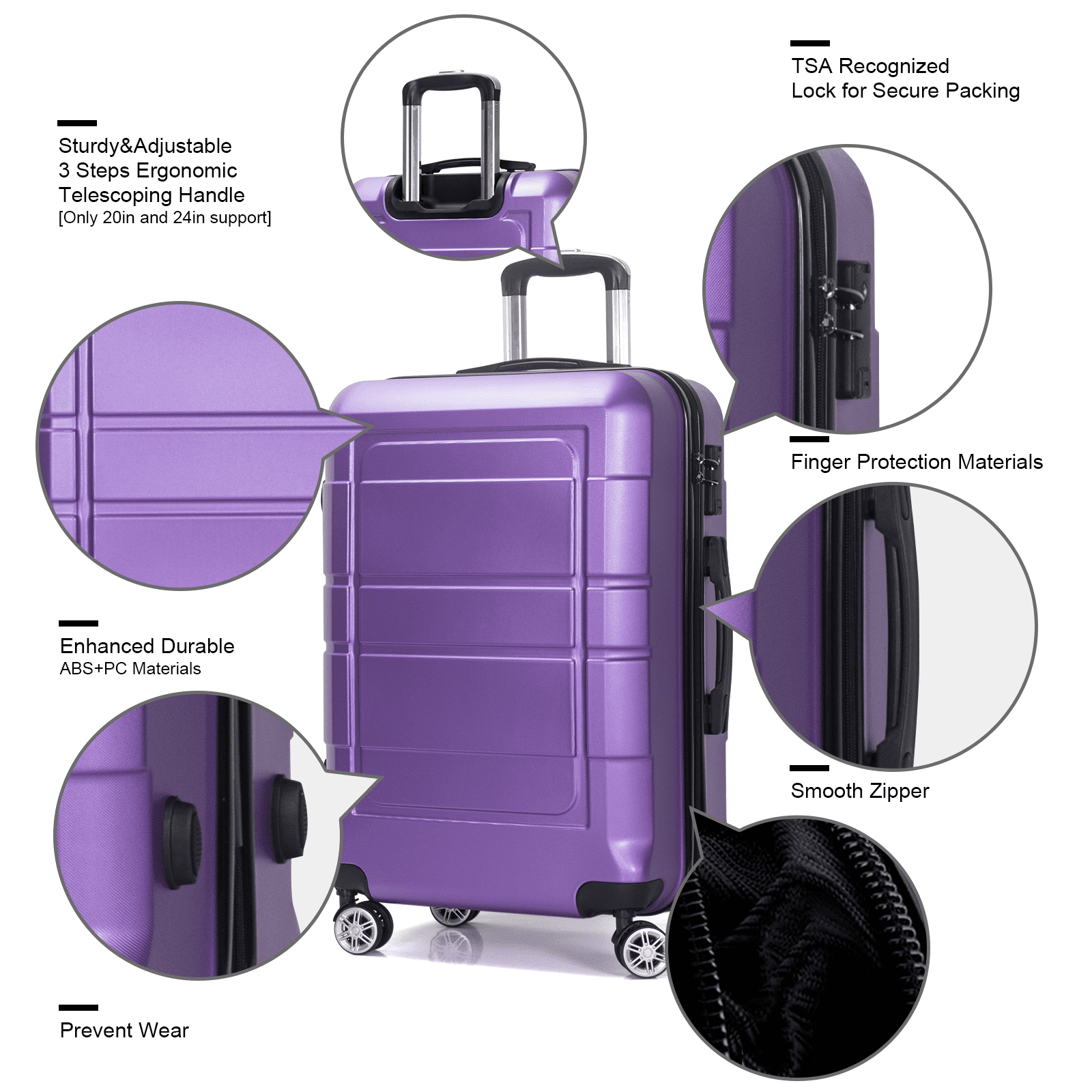 CASAINC Luggage-Set 3 Pcs 28 X 19 X 13 Purple Plastic Hardshell Suitcase  Set (1-Bag) in the Luggage & Luggage Sets department at