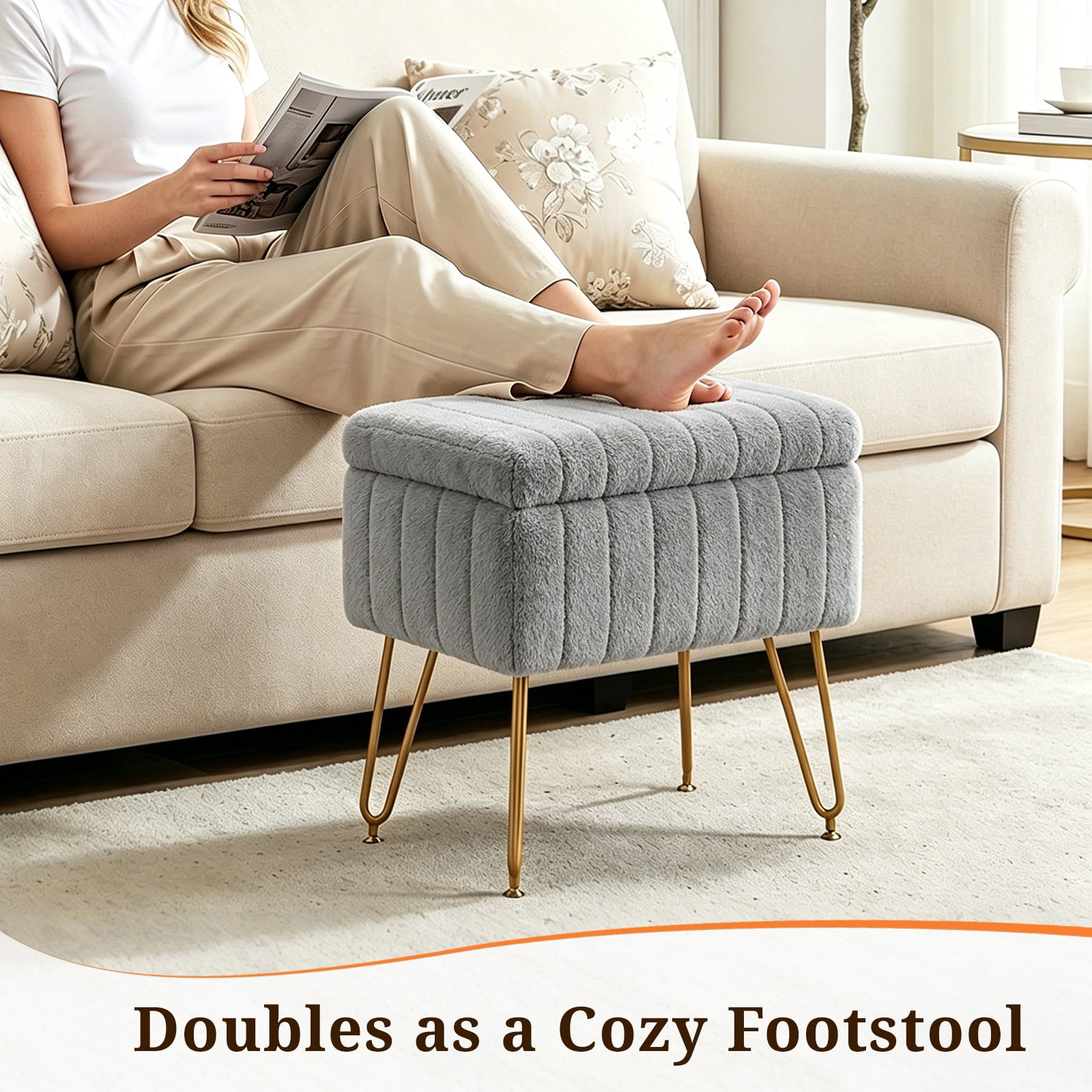 Casabay Vanity Stool Chair with Storage, Faux Fur Footstool Ottoman with Metal Legs & Anti-Slip Adjustable Feet for Bedroom, Entryway