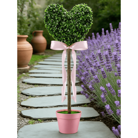 FlareFable 32" Valentine's Day Boxwood Heart Topiary with Pink Bow