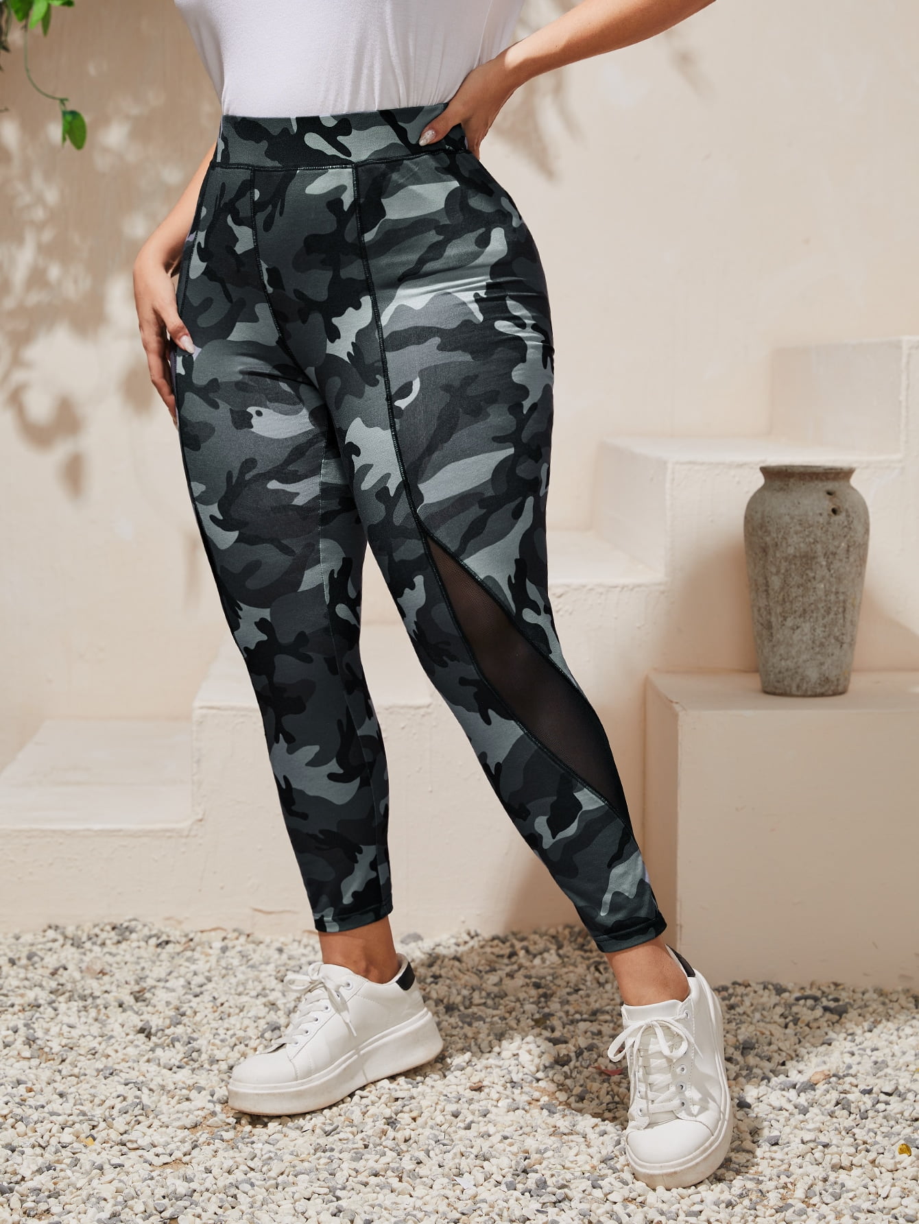 Women's Plus High Waist Camo Mesh 