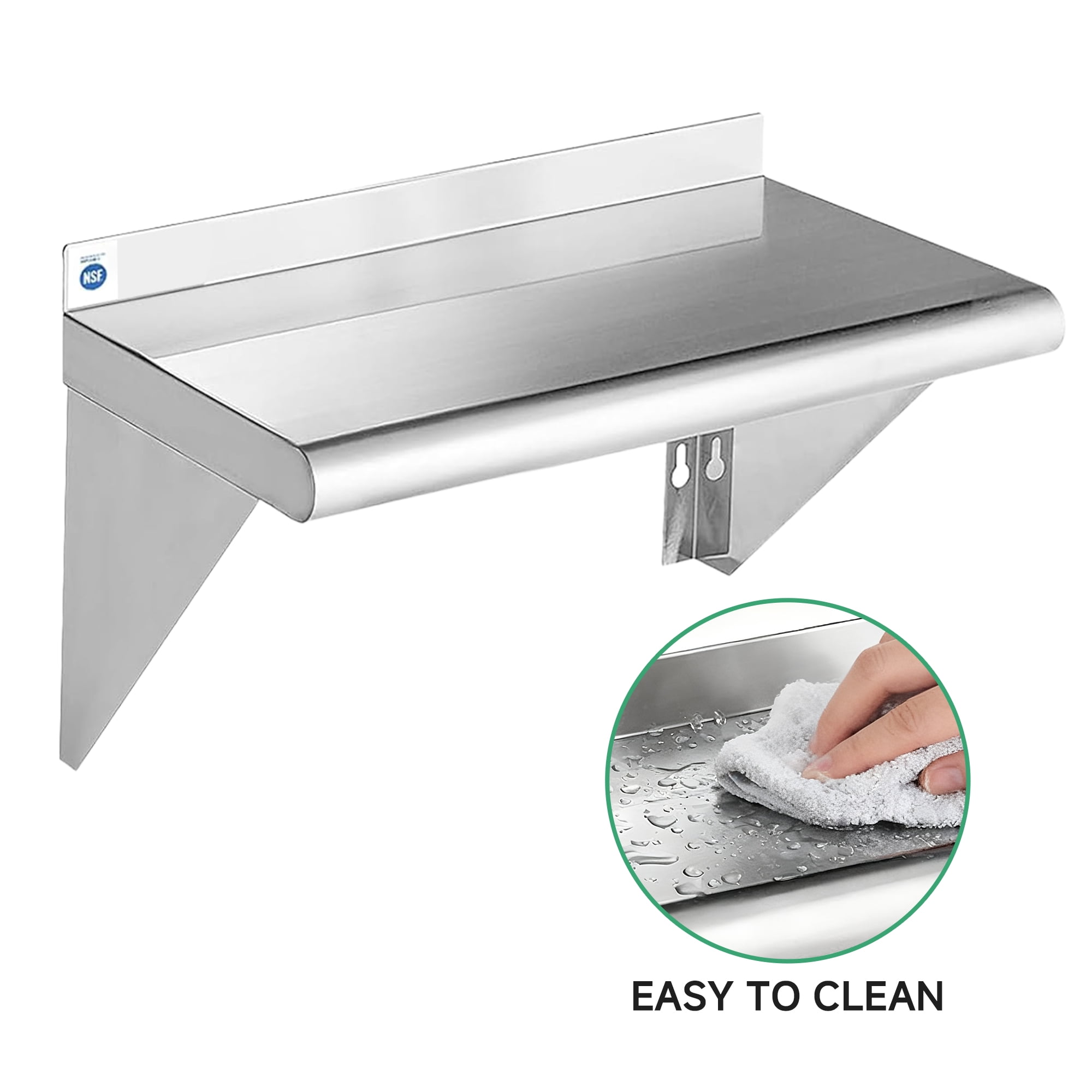 RSN Trend Stainless Steel Shelf 10 x 16 Inches 190lb, 2 Pack NSF Metal Commercial Shelves Wall Mount Floating Shelving with Backsplash for Restaurant, Kitchen, Home and Hotel, Silver