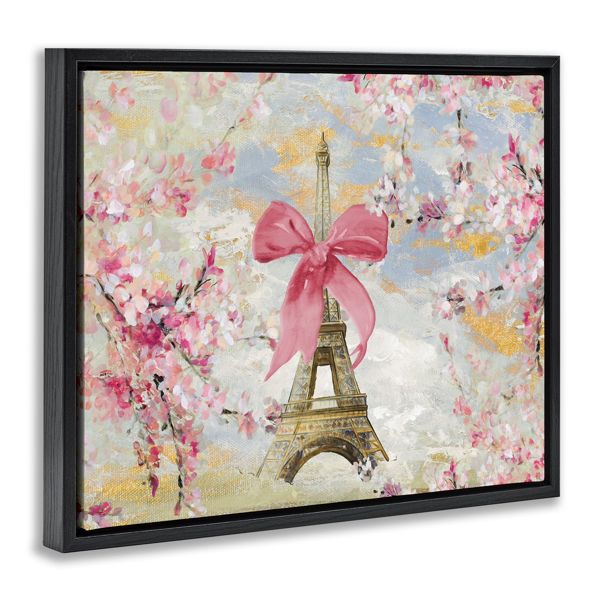 Stupell Industries Eiffel Tower on Cherry Blossoms Fashion Painting Black Floater Framed Canvas Art Print Wall Art, 21 x 17