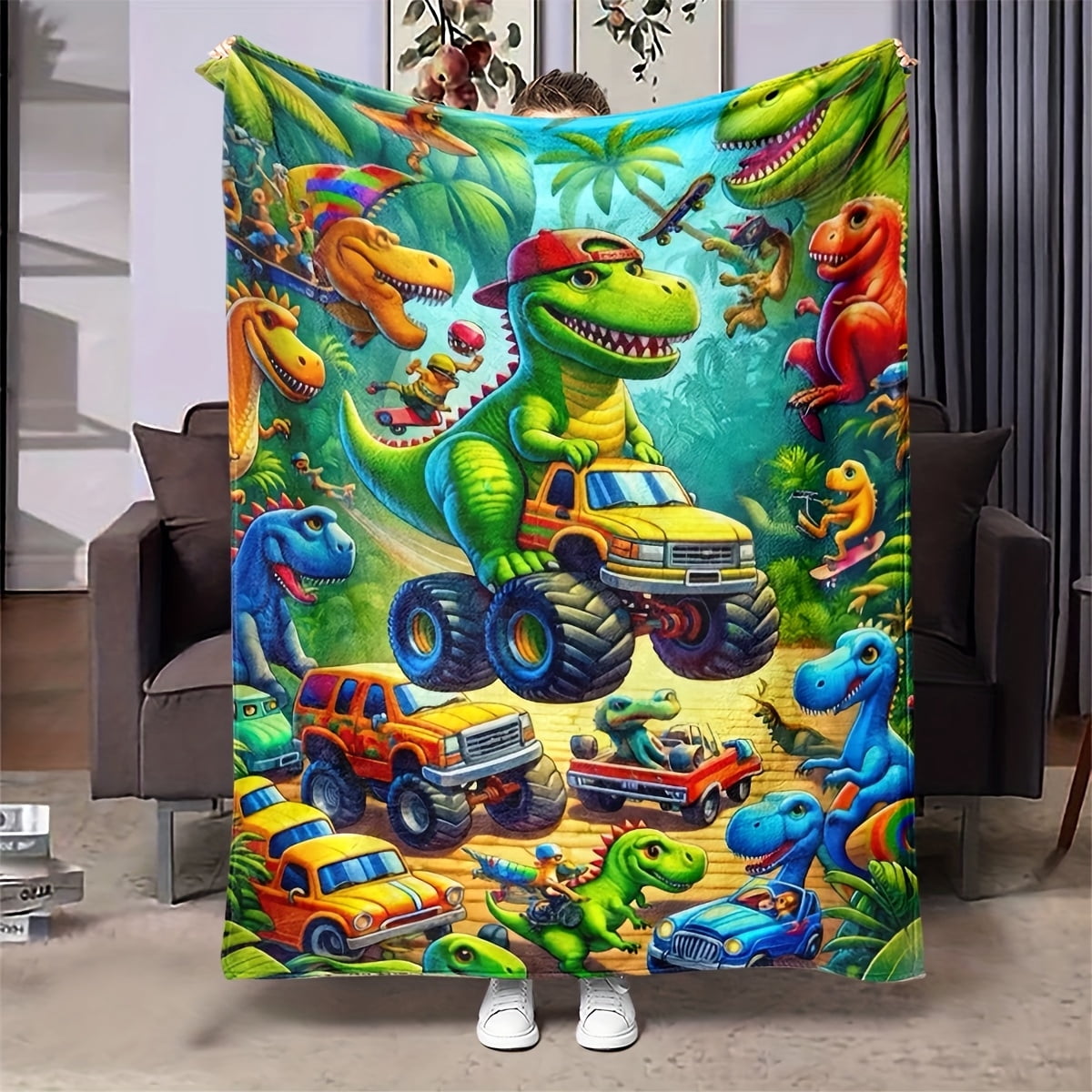 [Vibrant Dinosaur Blanket] Soft & Durable Cozy Dinosaur Truck Flannel Blanket - Vibrant Cartoon Dinosaur Design, 100% Polyester, Perfect for Naps, Car Seats & All-Season Comfort