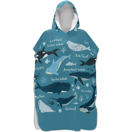 

Marine Dolphin Killer Whale Narwhal Walrus Blue Ocean Undersea Water Adult Surf Poncho Changing Robe with Hood and Pocket Quick-Drying Bathrobe Microfiber Towel Wetsuit for Bath Beach Outdoor