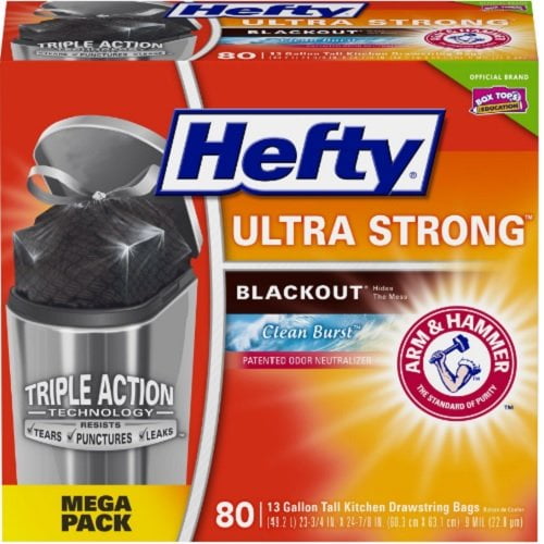 Hefty Ultra Strong 13 Gallon 80 Count Tall Kitchen Drawstring Trash Bags with Clean Burst scent , Blackout, Black  New!