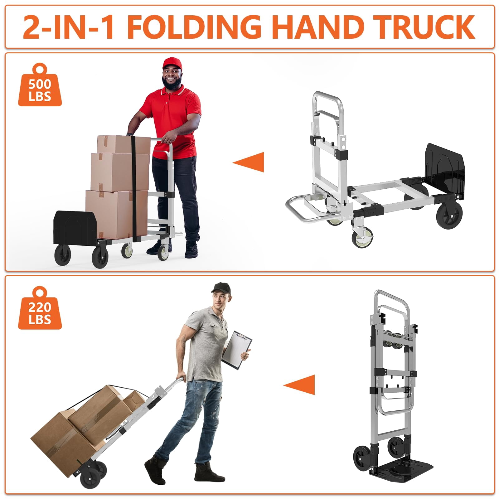 3-in-1 Heavy Duty Folding Dolly, Convertible Hand Truck Portable Steel with Telescopic Handle & Dolly Cart with Rubber Wheels, 580LB Capacity,Silver