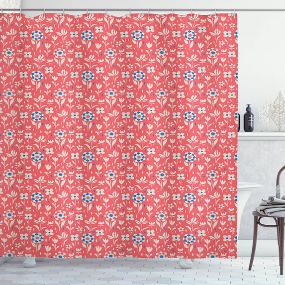 Floral Shower Curtain, Graphic Garden Figures as Tulips and Daisies with Vibrant Colors, Fabric Bathroom Set with Hooks, 69W X 84L Inches Extra Long, Cobalt Blue White and Coral, by Ambesonne