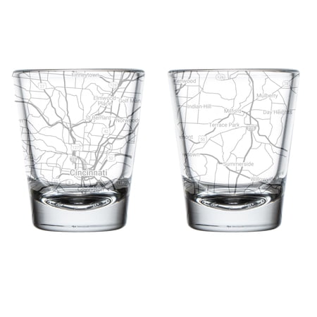 Set of 2 Shot Glasses 1.75oz Gift City Map Cincinnati, OH Ohio