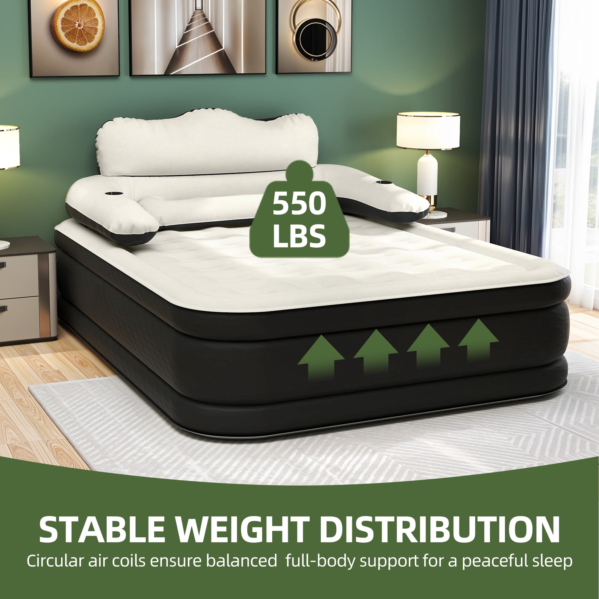 Uforic Queen Size Air Bed with Detachable Headboard & Integrated Pump, 18in Inflatable Mattress with Accessories for Home, Outdoors, and Travel
