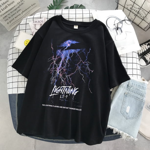 Camiseta con estampado de rayo púrpura para hombres y mujeres camiseta gótica holgada de manga corta Camiseta de algodón con cuello redondo de gran tamaño camiseta de talla grande