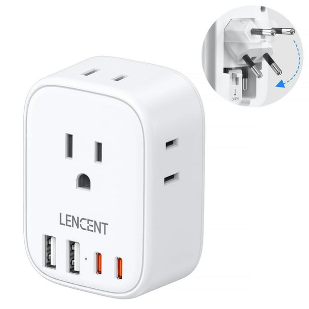 Adaptador de Corriente LENCENT Blanco con 4 Salidas CA y Cargador Tipo C USB para Europa
