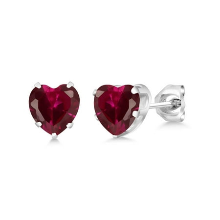 Heart Shaped Ruby Earrings - 1.92 Ct Heart Shape 6mm Red Created Ruby 925 Sterling Silver Stud Earrings