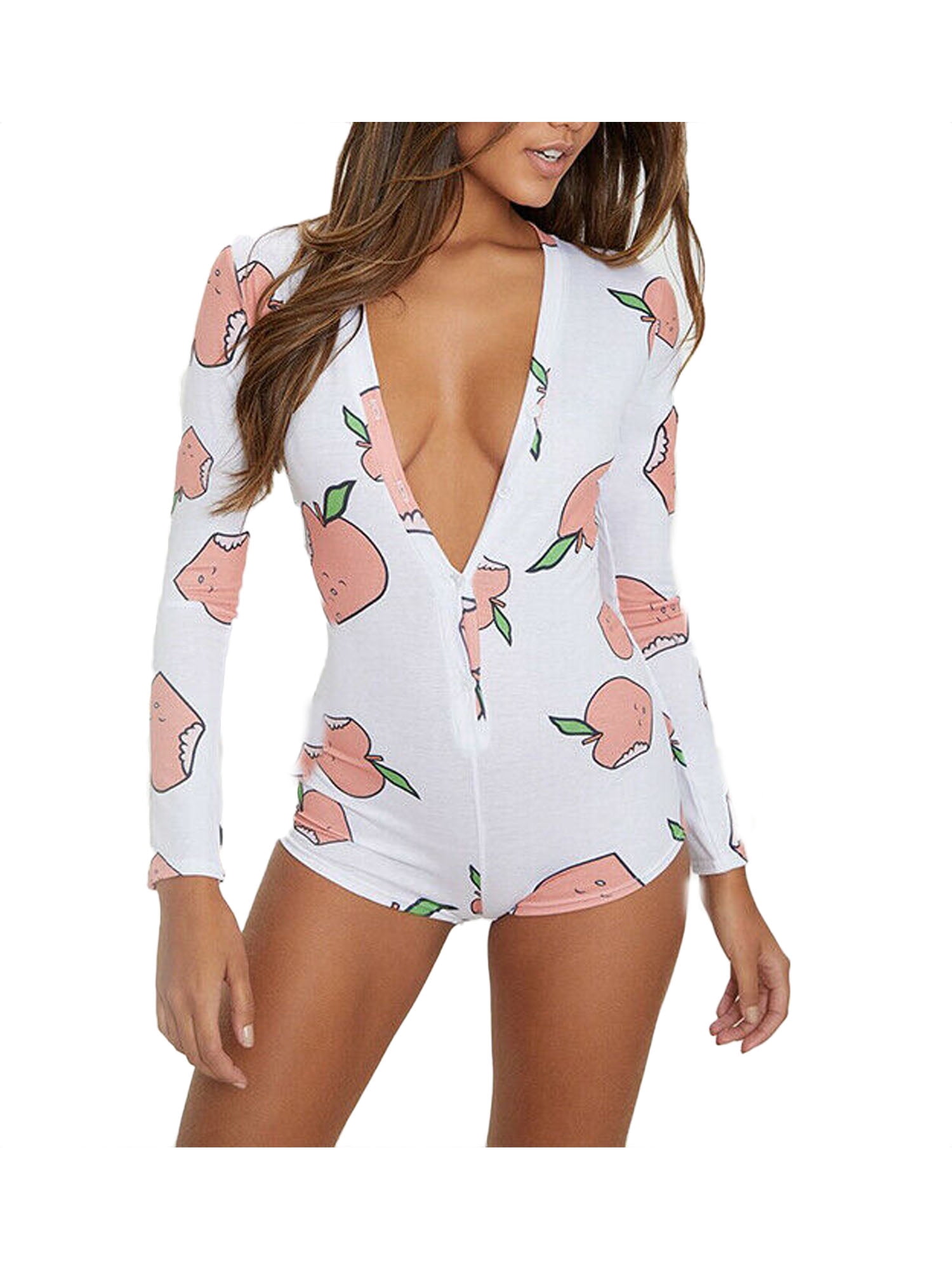 Women V Neck Long Sleeve Bodycon Bodysuit Slim Jumpsuit