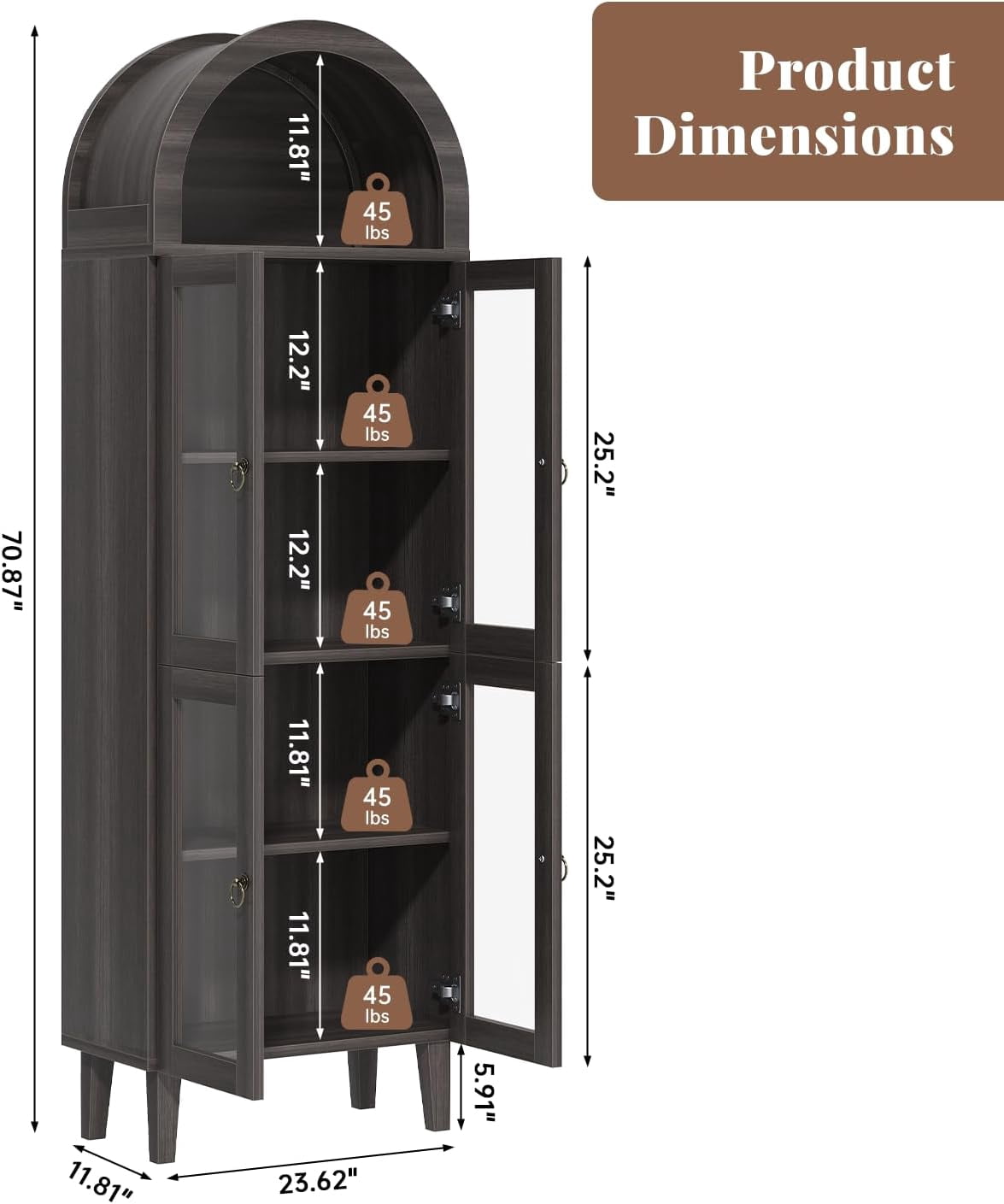 71" Tall Arched Cabinet with Acrylic Glass Door, Modern Curio Arched Bookcase, Display Cabinet Organizer, Kitchen Pantry with Top-Opening Storage Container for Living Dining Room, Black