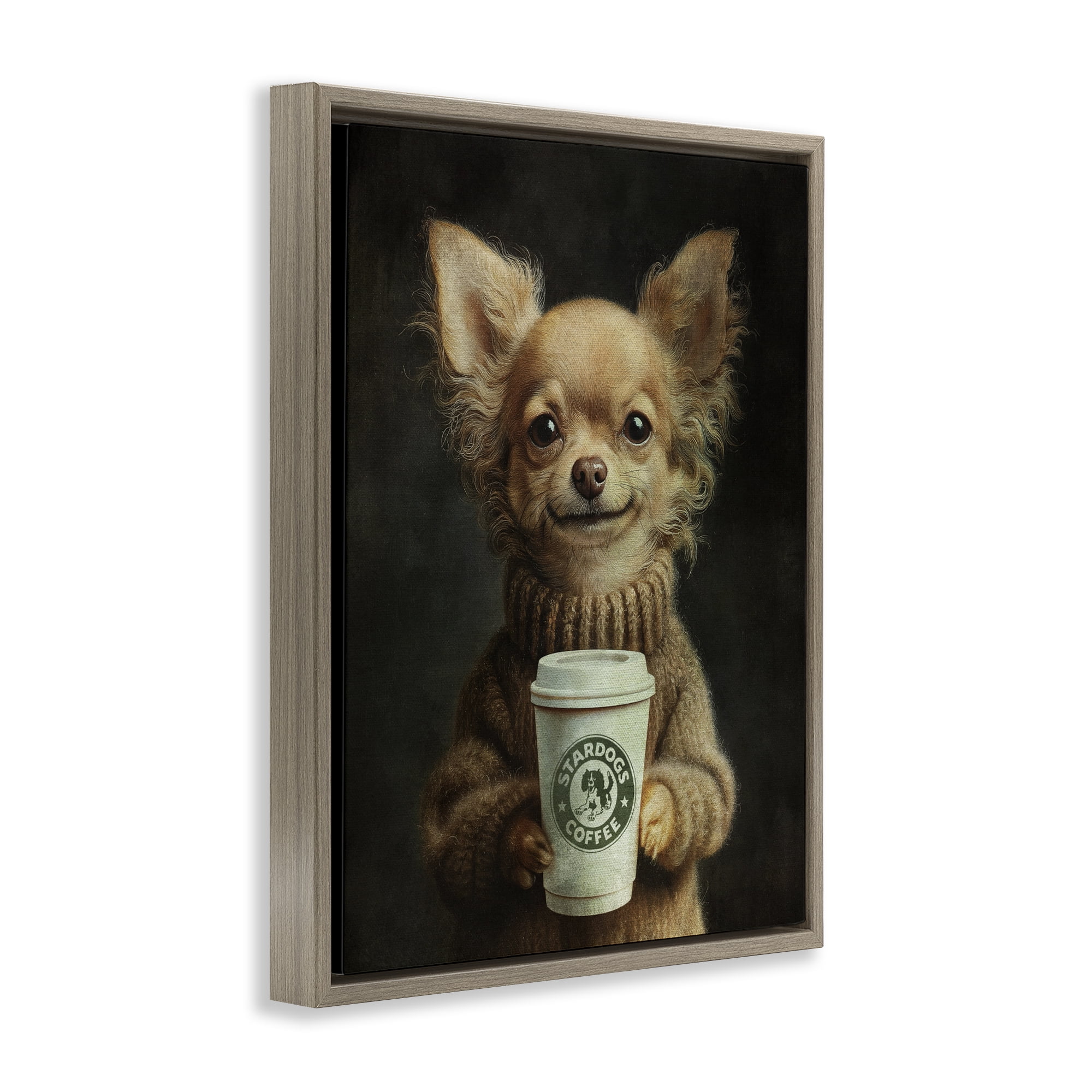 Stupell Industries Espresso Pup in Cozy Sweater Brown Framed Floater Canvas Wall Art, design by Svetlana Aleynikova