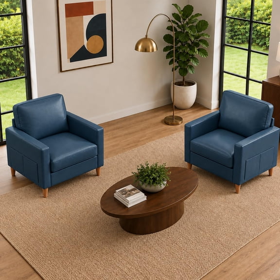 Faux Leather-blue Chair Set of 2 Accent Reading Armchairs for Living Rooms