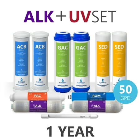 Ultraviolet Water Treatment System - Express Water – 1 Year Alkaline Ultraviolet Reverse Osmosis System Replacement Filter Set – 11 Filters with UV and 50 GPD RO Membrane – 10 inch Size Water Filters