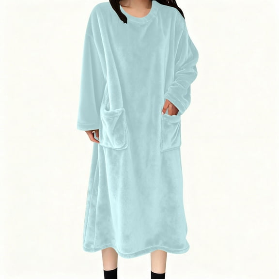 Aobny Flannel Mumu Nightgown Women with Pocket Long Sleep Shirt Blue Long Sleeve Crew Neck Womens Holiday Pajamas,L